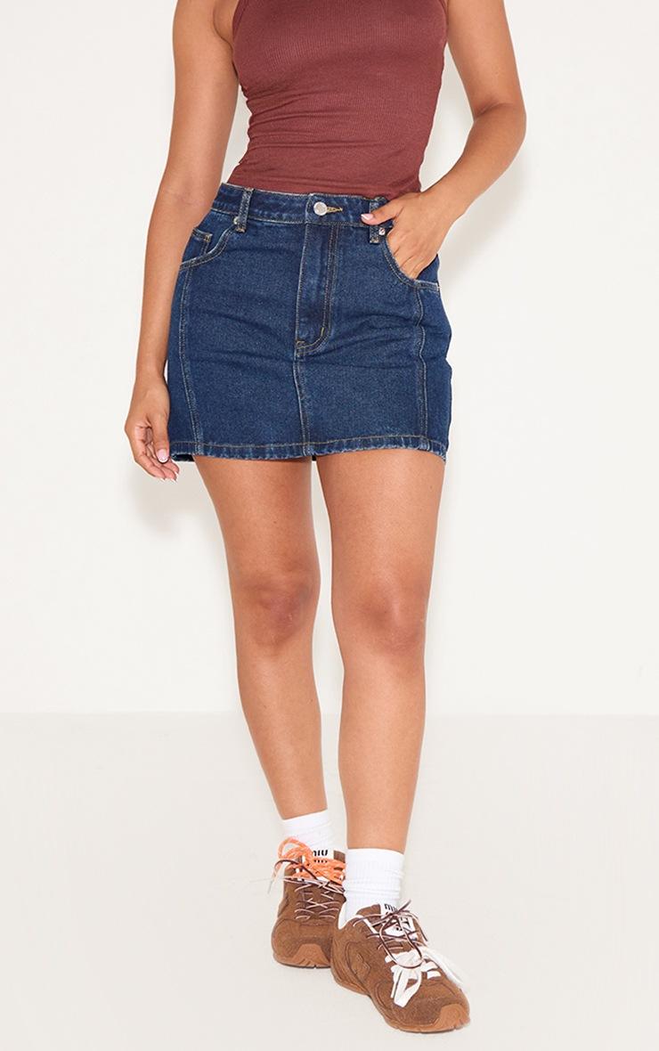 Pretty Little Thing Petite Mid Blue Wash Seam Detail Denim Mini Skirt