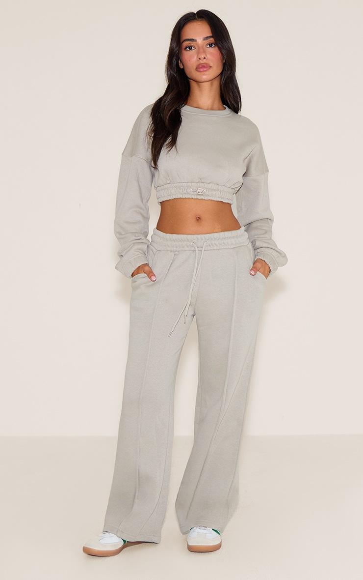 Pretty Little Thing Petite Moss Grey Crop Elasticated Sweat Top