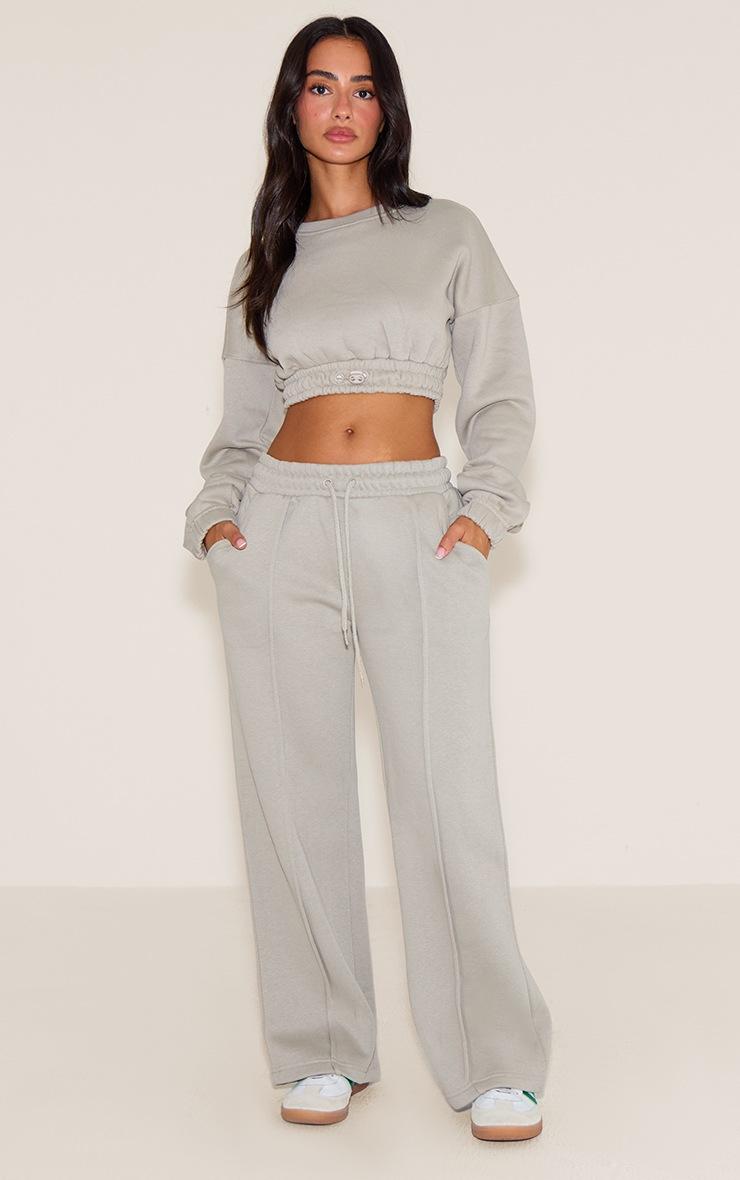 Pretty Little Thing Petite Moss Grey Wide Leg Seam Detailed Sweatpants