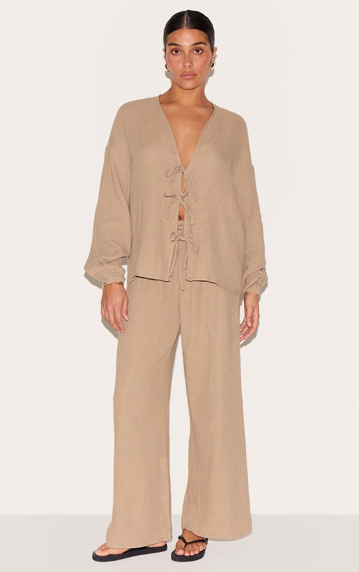 Pretty Little Thing Petite Mushroom Cheesecloth Textured Tie Front Shirt