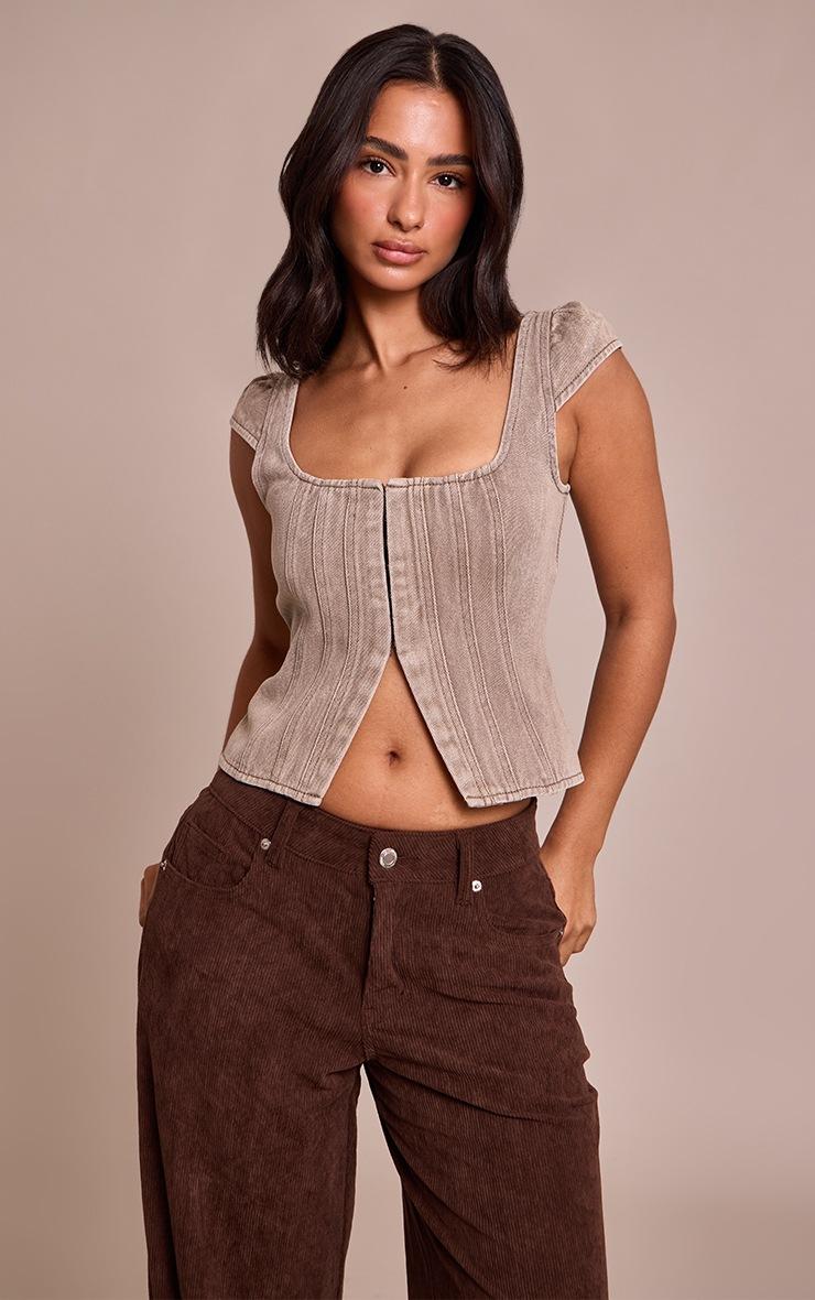 Pretty Little Thing Petite Mushroom Denim Cinched Strappy Top