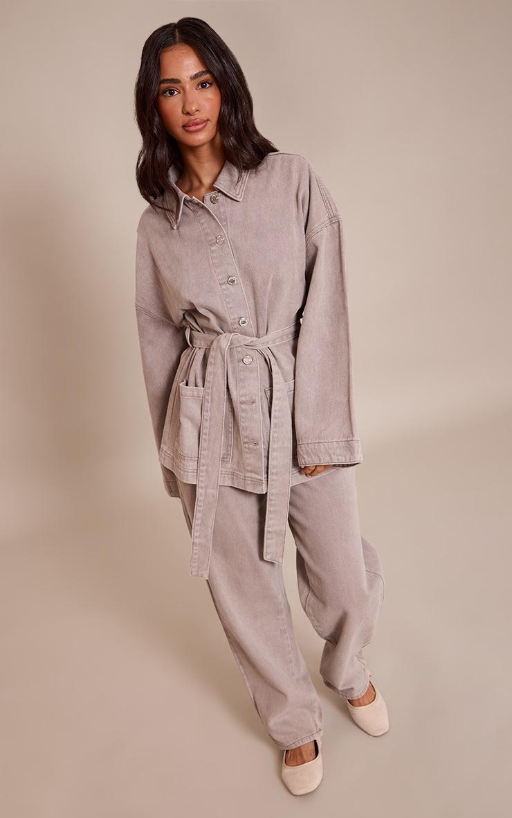 Pretty Little Thing Petite Mushroom Tie Waist Utility Denim Jacket