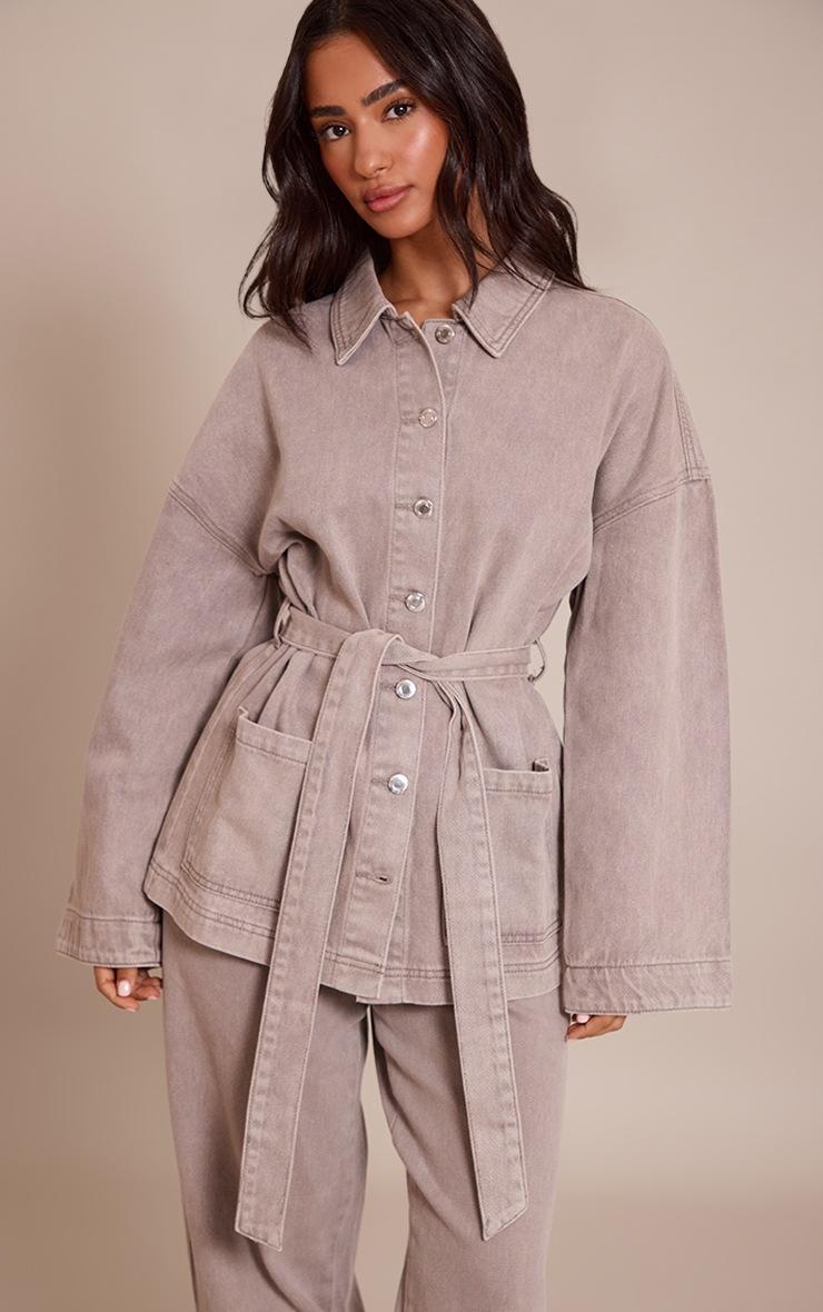 Pretty Little Thing Petite Mushroom Tie Waist Utility Denim Jacket