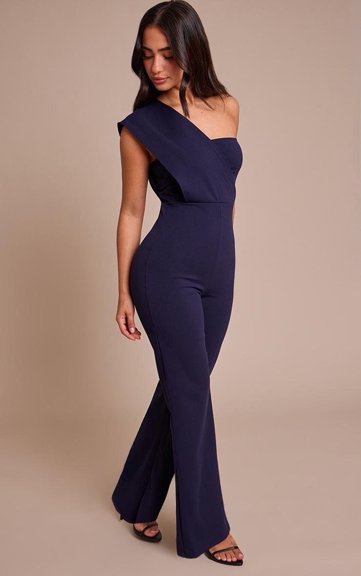 Pretty Little Thing Petite Navy One Shoulder Drape Jumpsuit