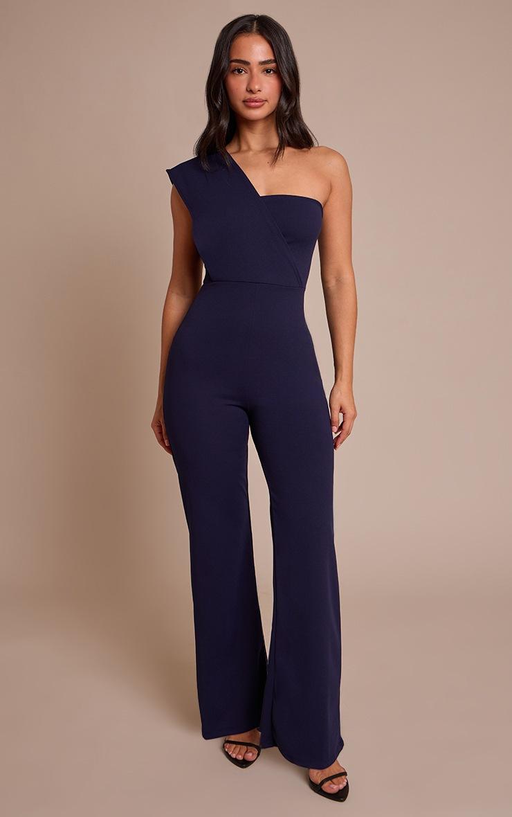 Pretty Little Thing Petite Navy One Shoulder Drape Jumpsuit