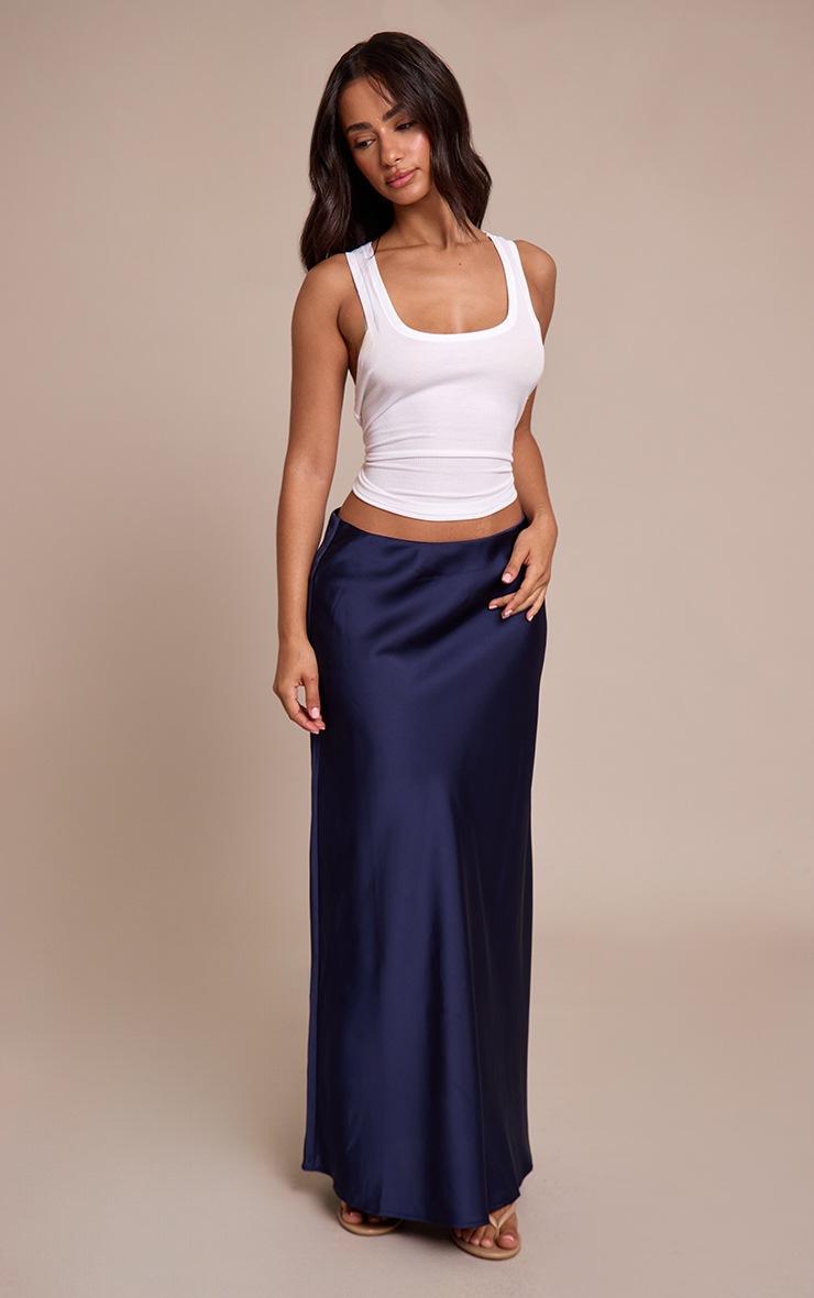 Pretty Little Thing Petite Navy Satin Flowy Maxi Skirt