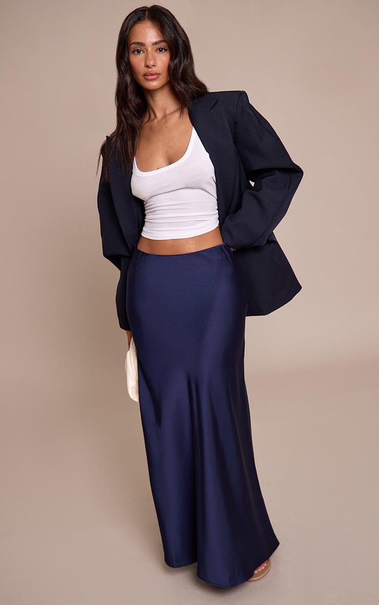 Pretty Little Thing Petite Navy Satin Flowy Maxi Skirt