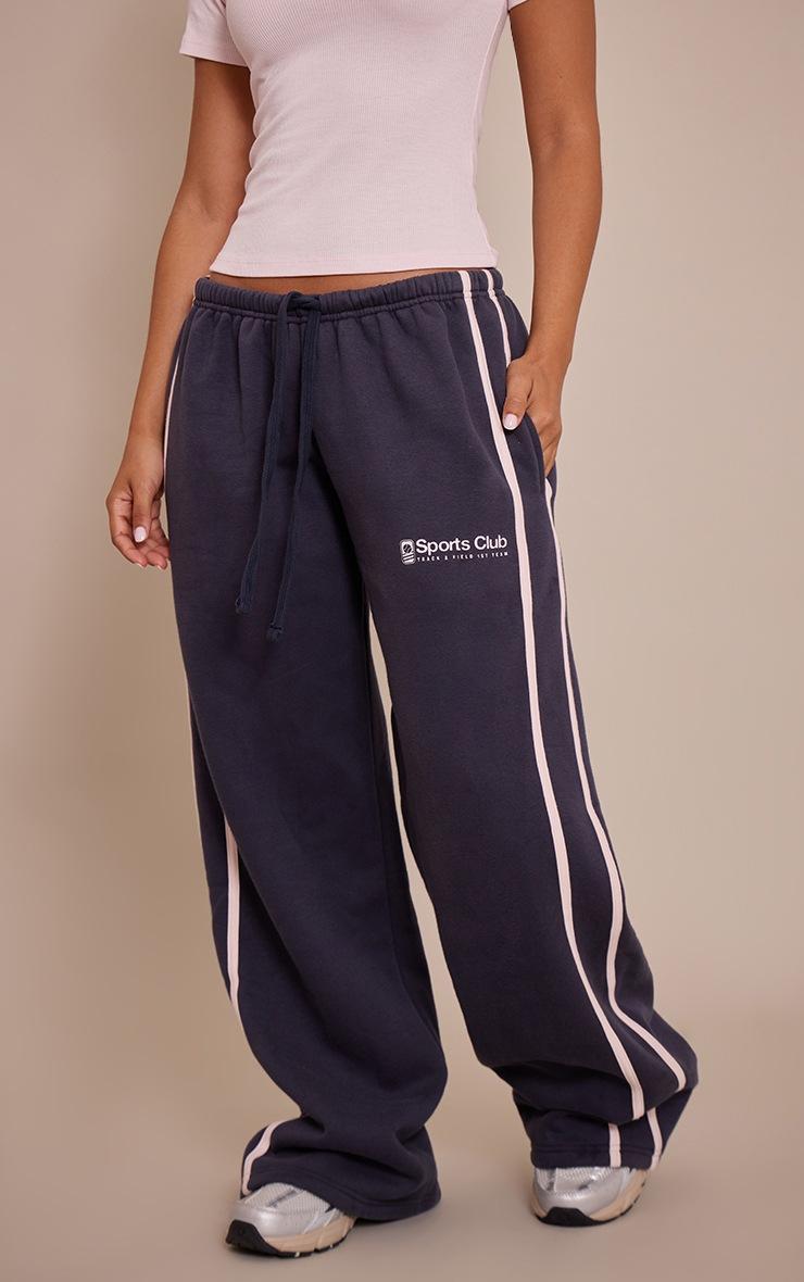 Pretty Little Thing Petite Navy Sports Club Print Wide Leg Sweatpants