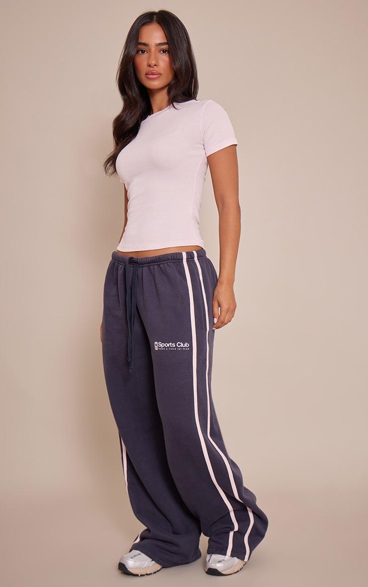 Pretty Little Thing Petite Navy Sports Club Print Wide Leg Sweatpants