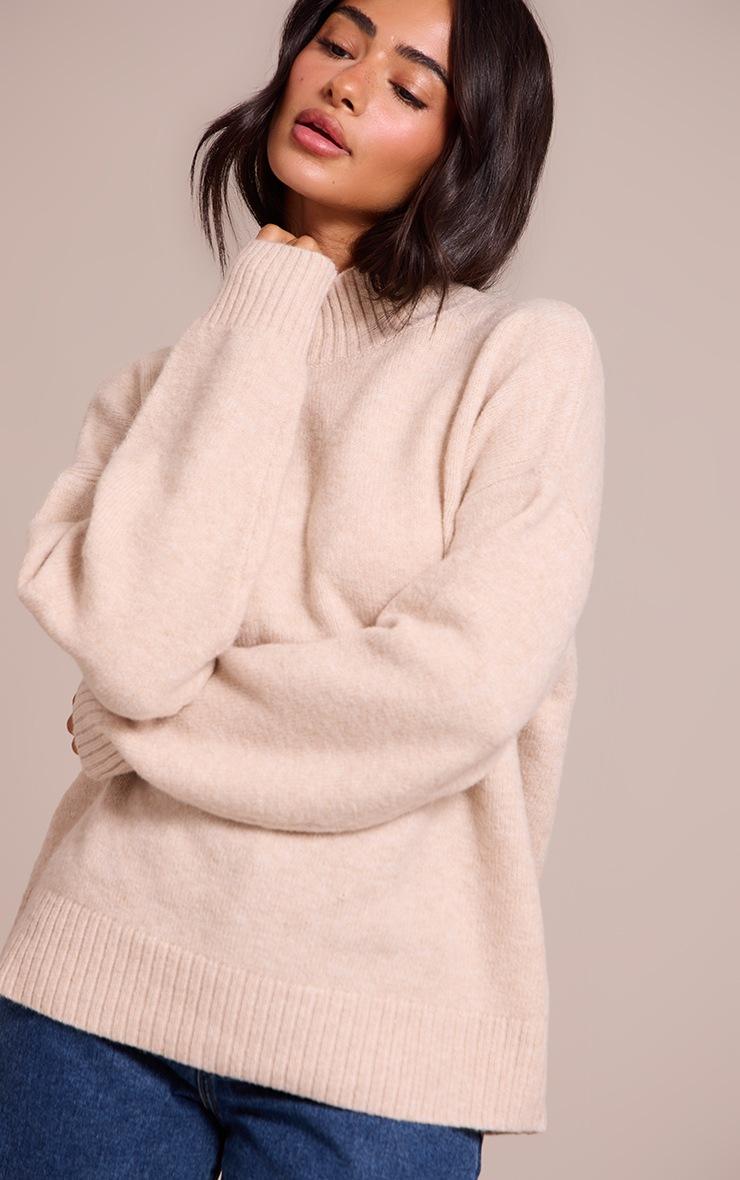 Pretty Little Thing Petite Oatmeal Knit Oversized Polo Neck Sweater