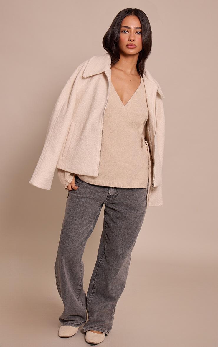 Pretty Little Thing Petite Oatmeal Wrap Tie Side Knitted Sweater