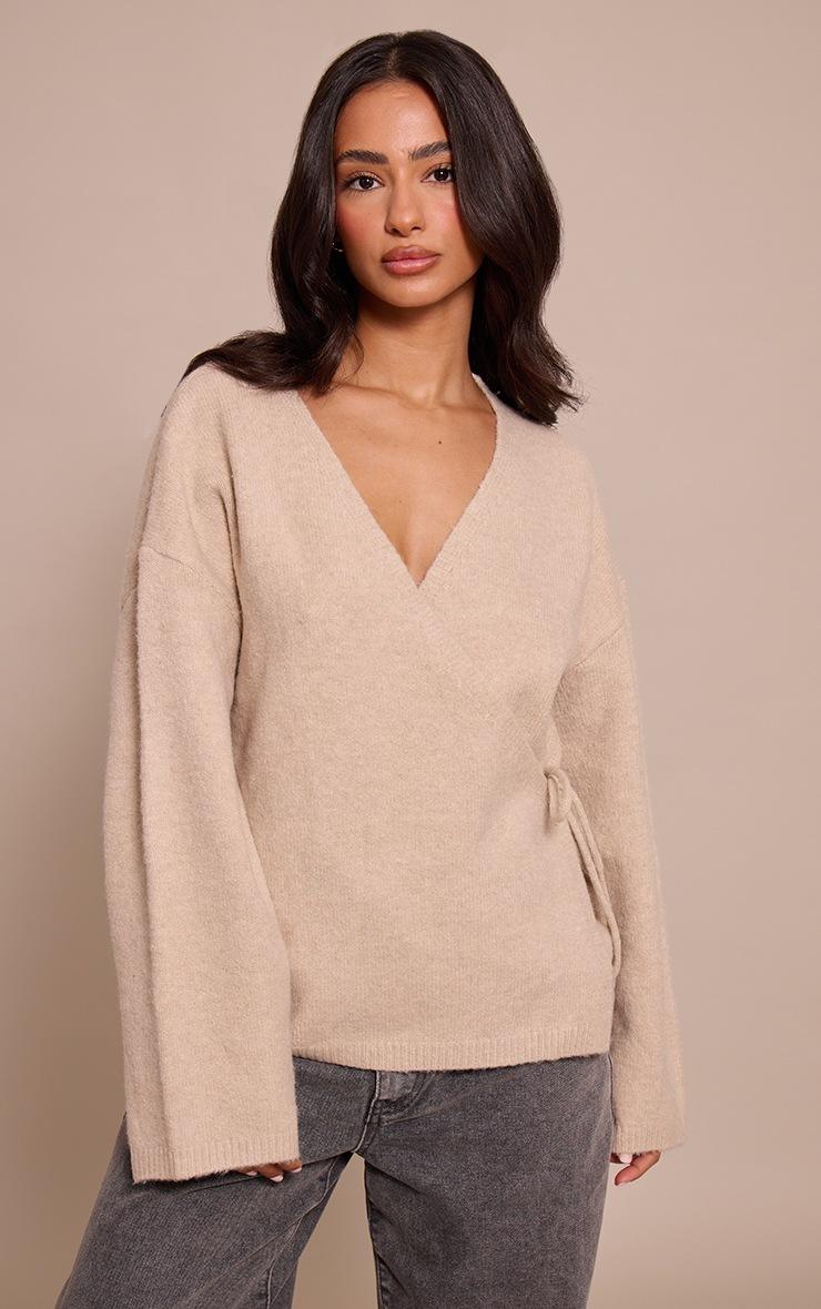 Pretty Little Thing Petite Oatmeal Wrap Tie Side Knitted Sweater