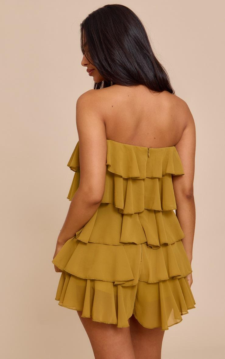 Pretty Little Thing Petite Olive Chiffon Bandeau Frill Romper
