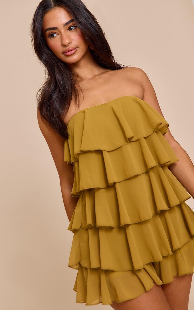 Pretty Little Thing Petite Olive Chiffon Bandeau Frill Romper