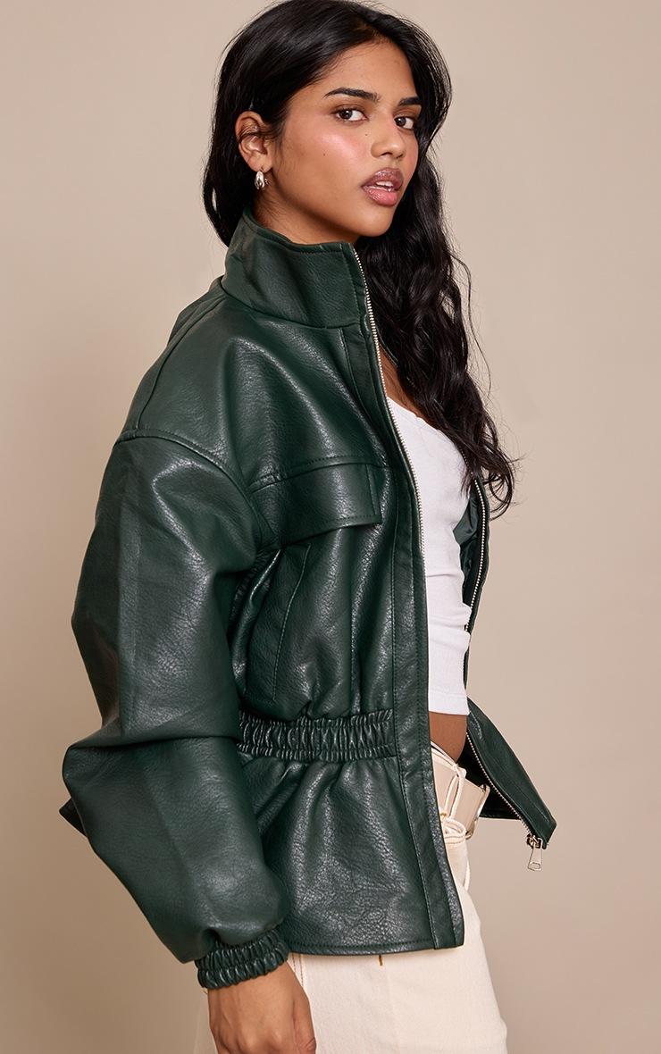 Pretty Little Thing Petite Olive High Neck Cinched Waist Faux Leather Jacket
