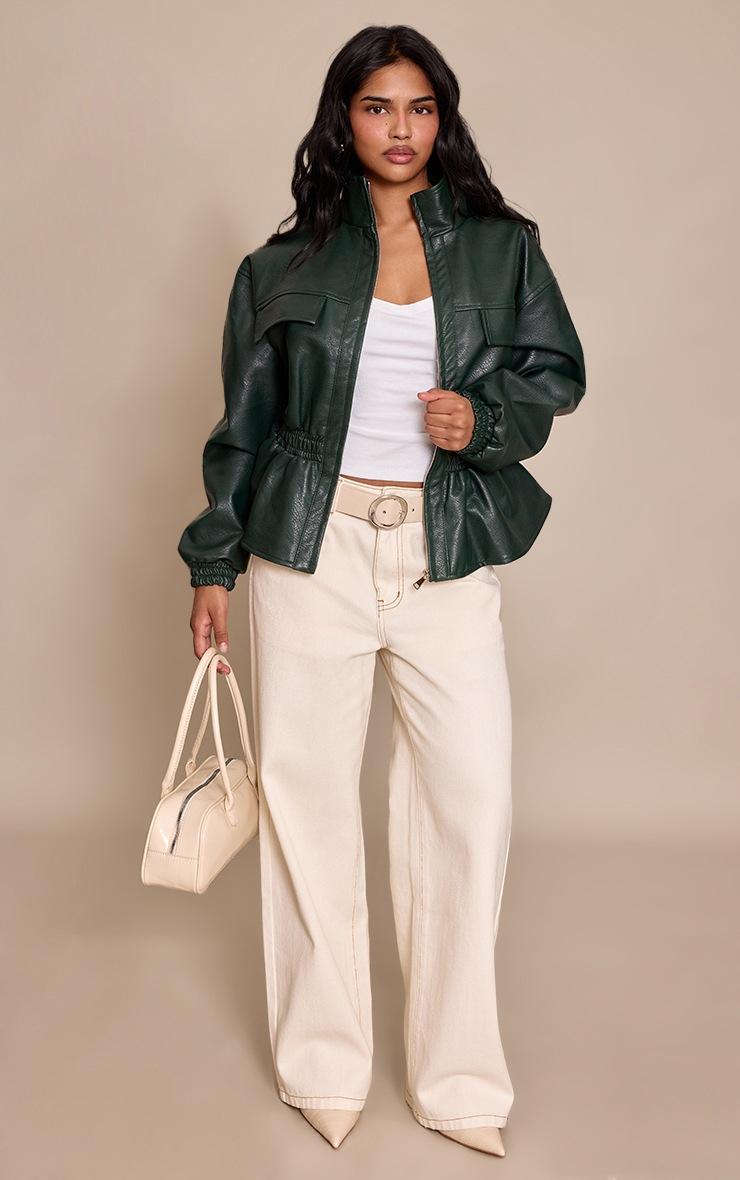 Pretty Little Thing Petite Olive High Neck Cinched Waist Faux Leather Jacket