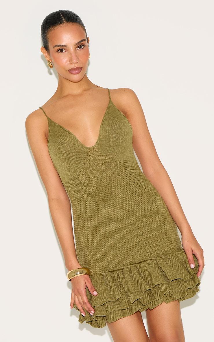 Pretty Little Thing Petite Olive Knitted Frill Hem Strappy Mini Dress