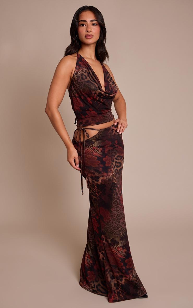 Pretty Little Thing Petite Orange Printed Halterneck Cowl Top