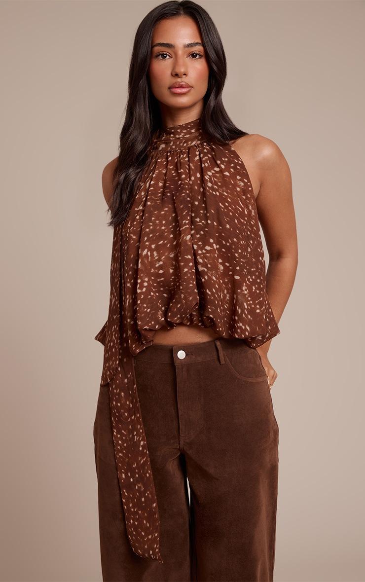 Pretty Little Thing Petite Printed High Neck Ruffle Scarf Top