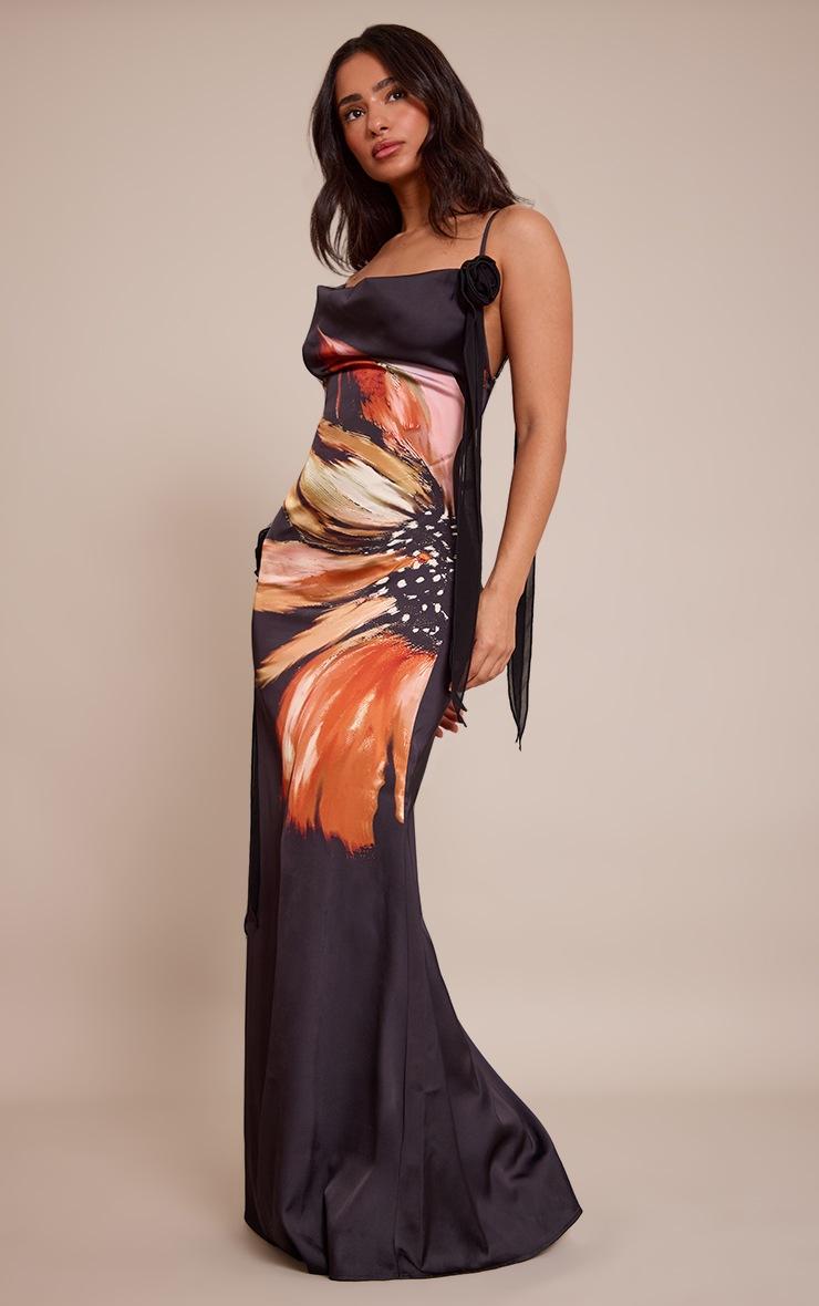 Pretty Little Thing Petite Printed Satin Floral Drape Cowl Neck Maxi Dress