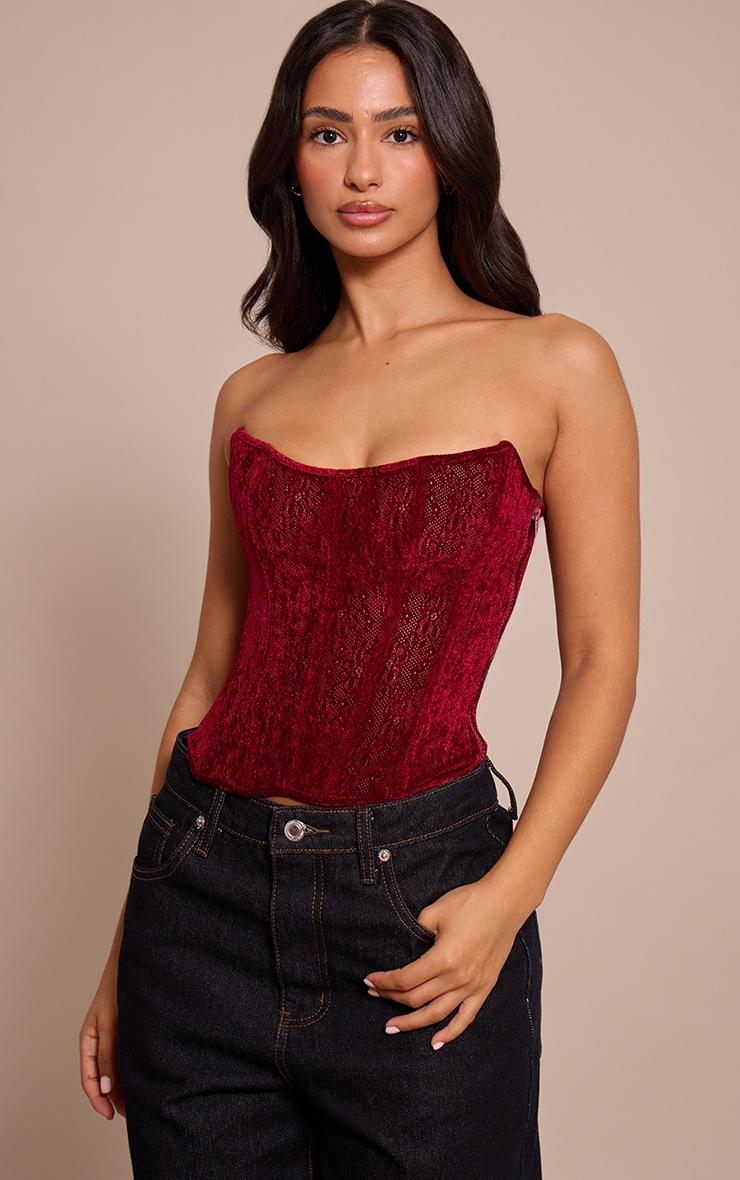 Pretty Little Thing Petite Red Velour Printed Corset Top