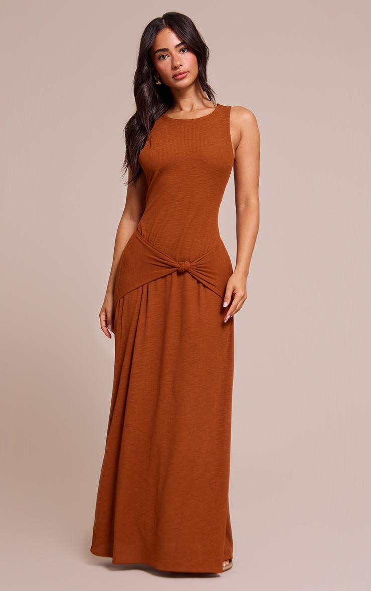 Pretty Little Thing Petite Rust Tie Front Sheer Maxi Dress
