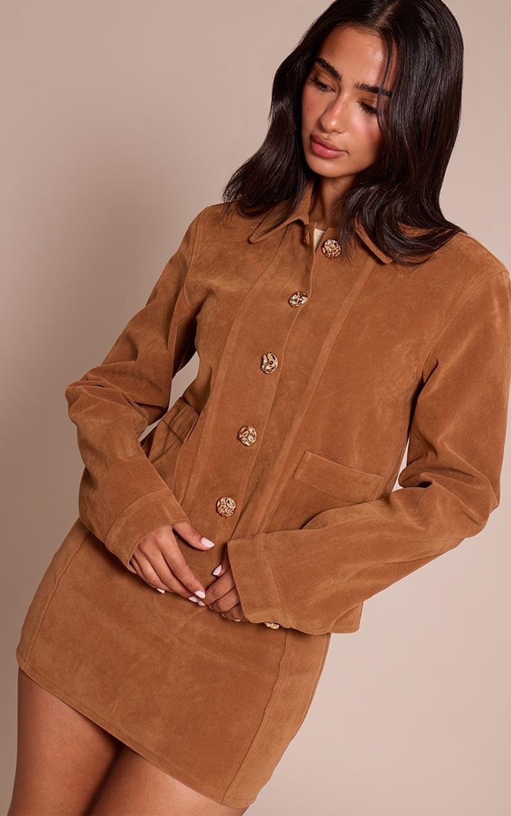 Pretty Little Thing Petite Tan Suede Button Up Boxy Jacket
