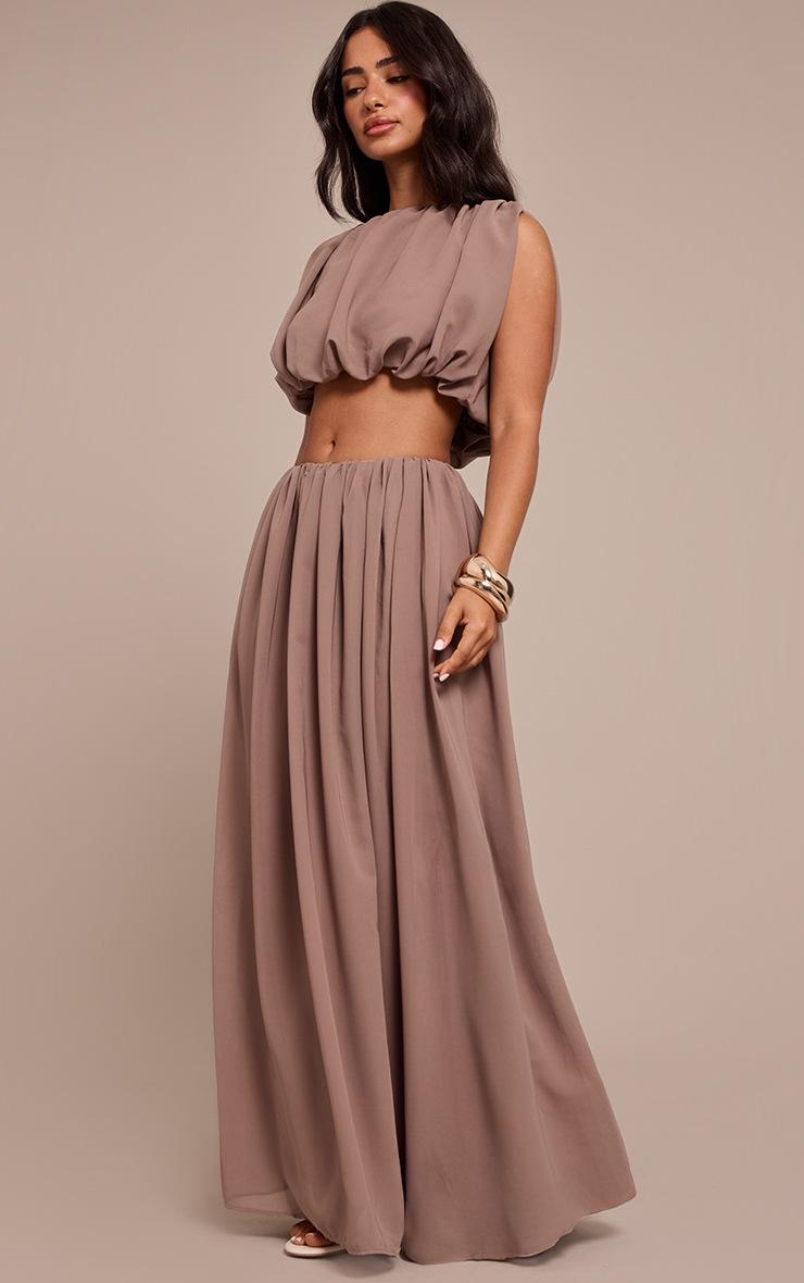 Pretty Little Thing Petite Taupe Chiffon Boatneck Bubble Sleeveless Top