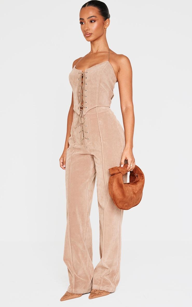 Pretty Little Thing Petite Taupe Faux Suede Lace Up Corset Top