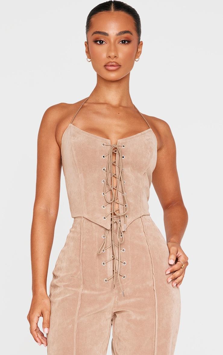 Pretty Little Thing Petite Taupe Faux Suede Lace Up Corset Top