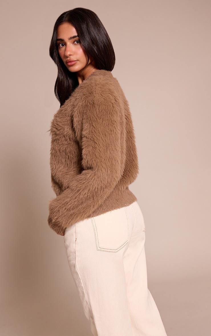 Pretty Little Thing Petite Taupe Fluffy Knit V Neck Cardigan