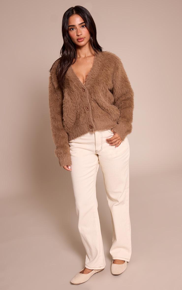 Pretty Little Thing Petite Taupe Fluffy Knit V Neck Cardigan