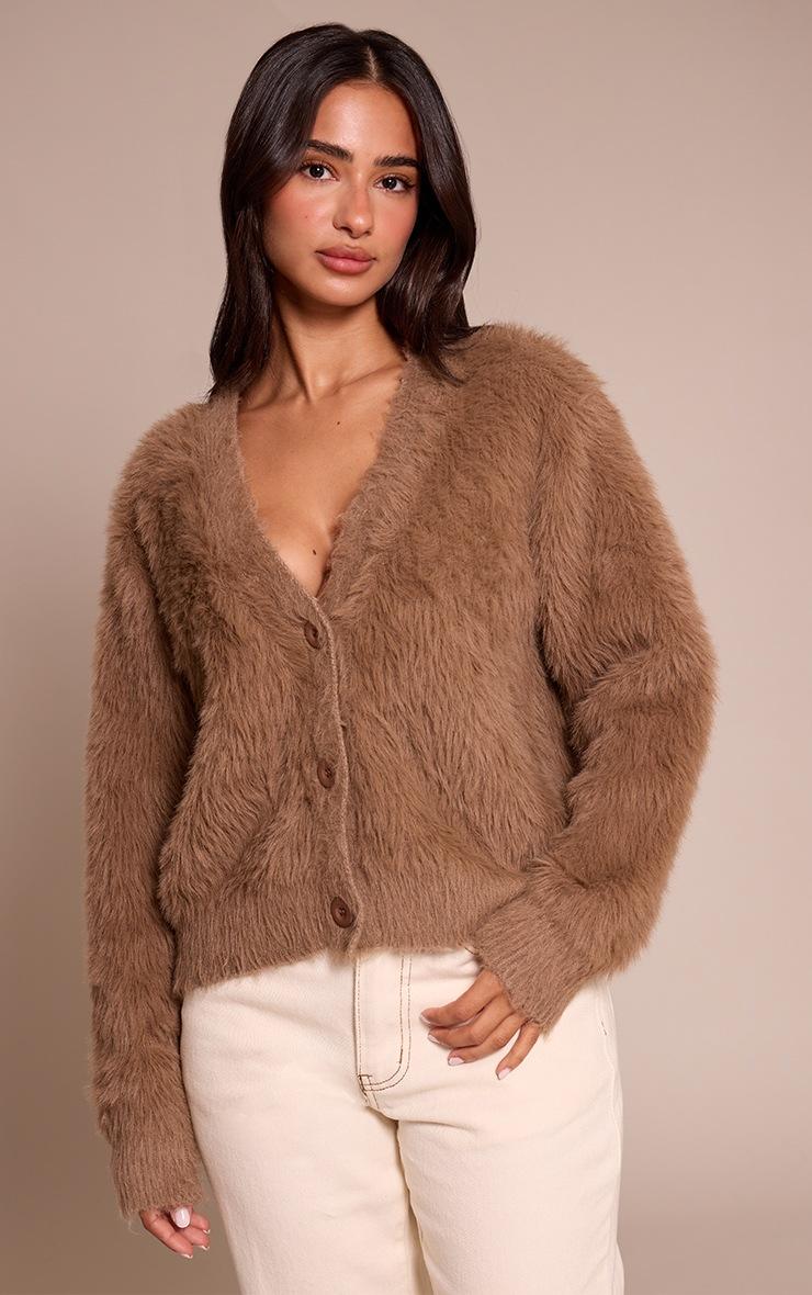 Pretty Little Thing Petite Taupe Fluffy Knit V Neck Cardigan