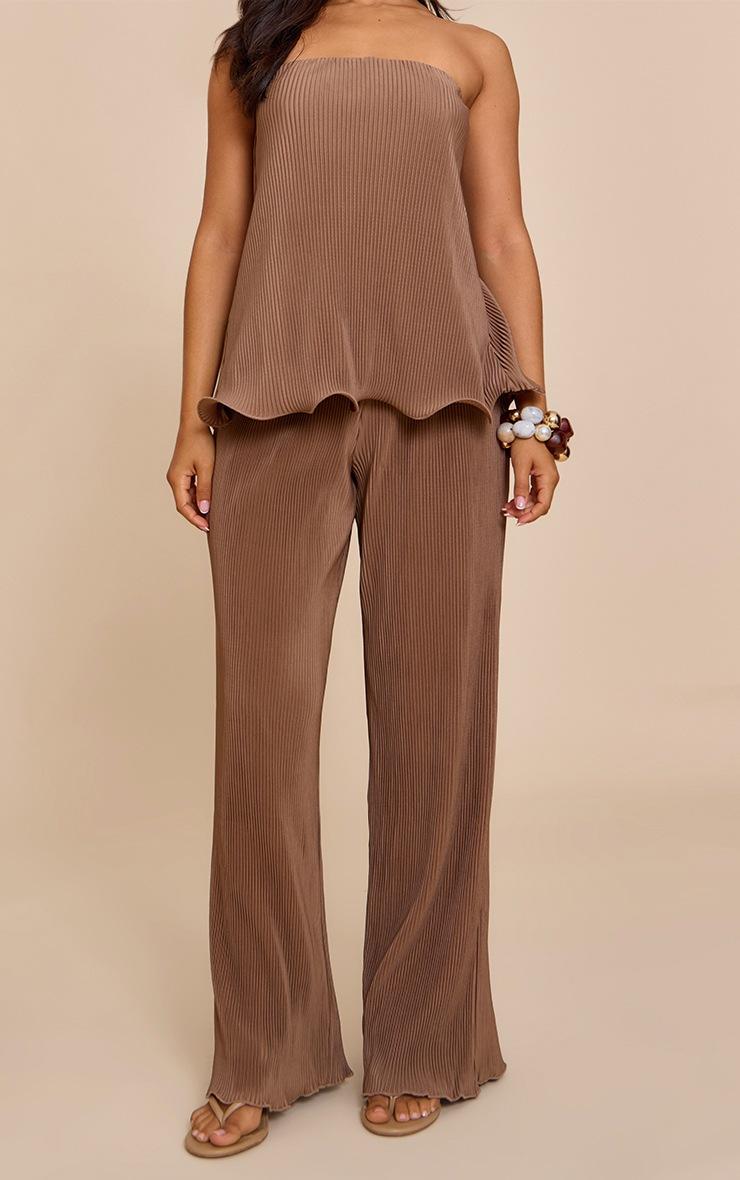 Pretty Little Thing Petite Taupe Plisse Frill Edge Wide Leg Pants