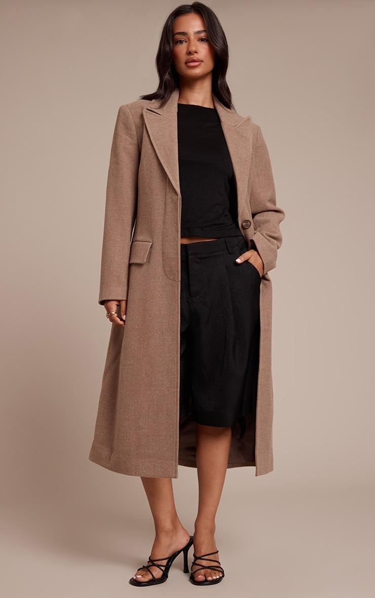 Pretty Little Thing Petite Taupe Single Breasted Seam Detail Wool Look Maxi Coat