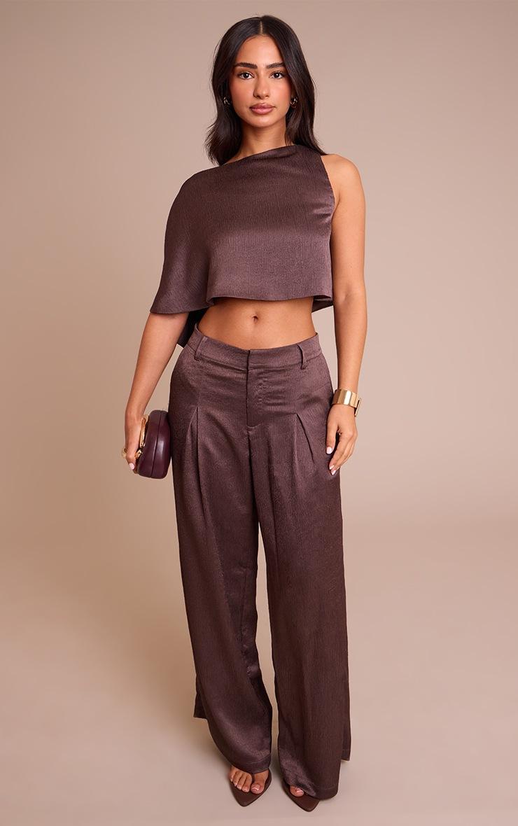 Pretty Little Thing Petite Taupe Textured Satin Wide Leg Pants