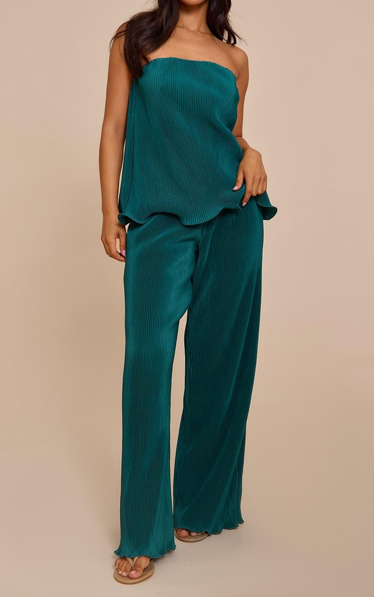 Pretty Little Thing Petite Teal Plisse Frill Edge Wide Leg Pants