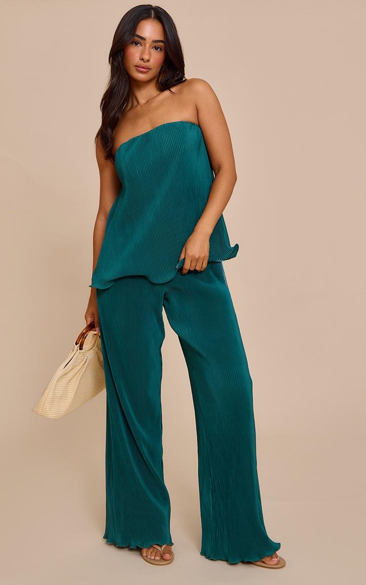 Pretty Little Thing Petite Teal Plisse Frill Edge Wide Leg Pants