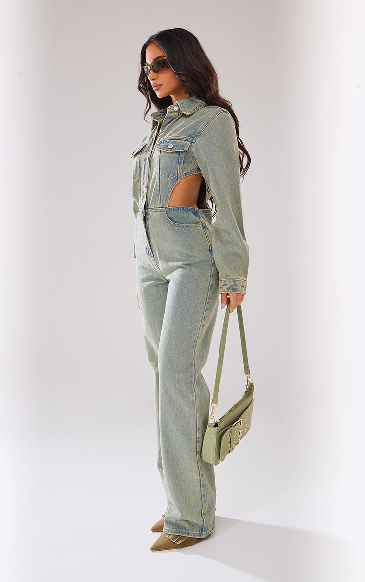 Pretty Little Thing Petite Vintage Wash Denim Cut Out Jumpsuit