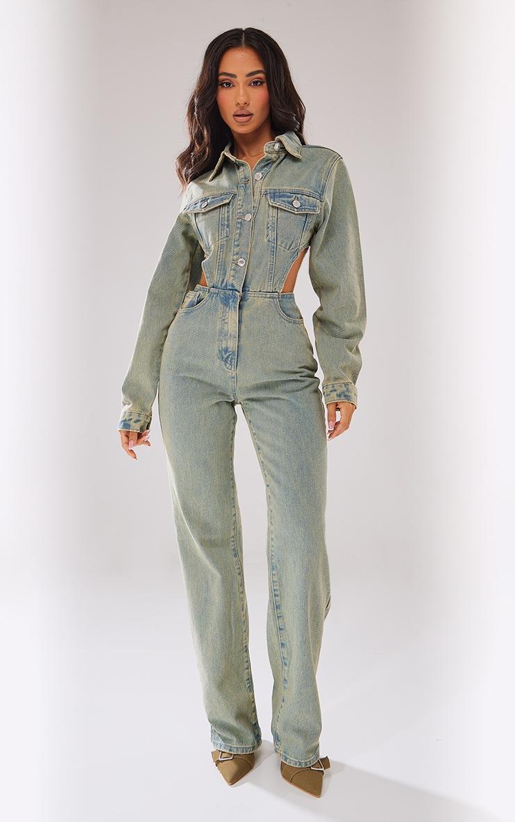 Pretty Little Thing Petite Vintage Wash Denim Cut Out Jumpsuit