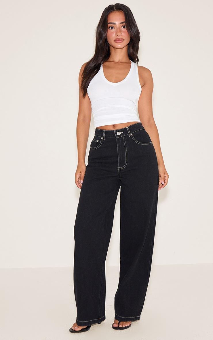 Pretty Little Thing Petite Washed Black Contrast Stitch Straight Leg Denim Jeans