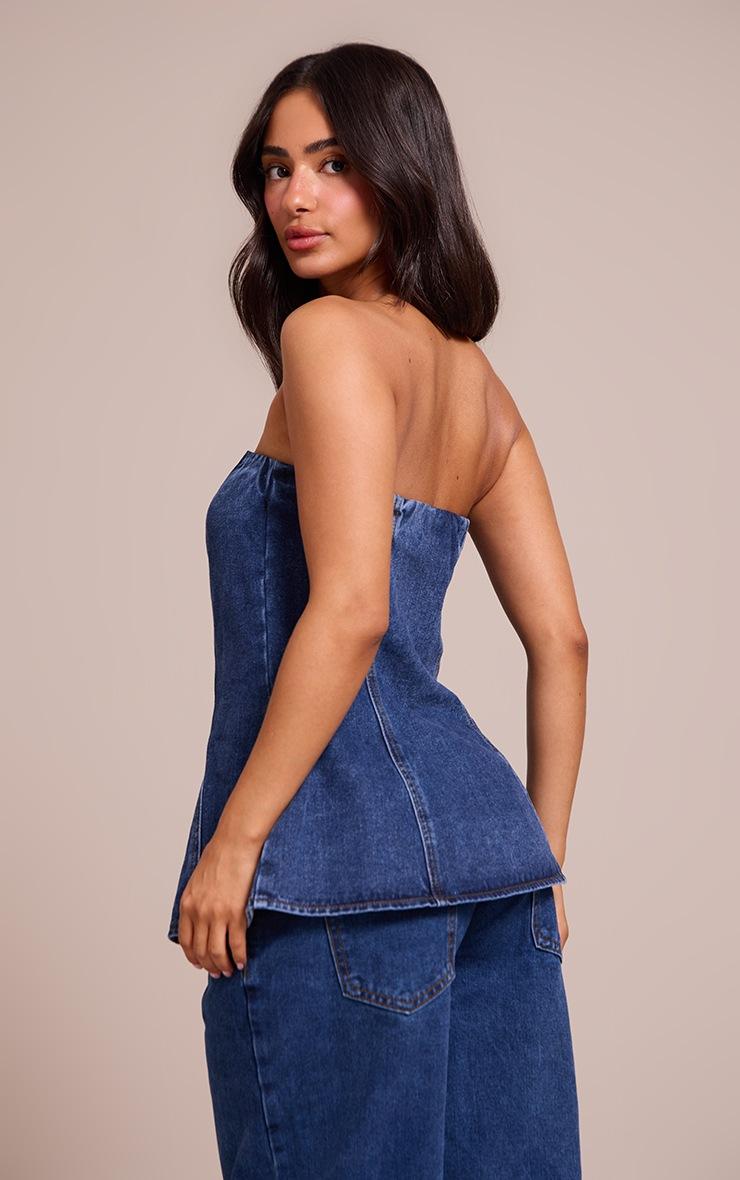 Pretty Little Thing Petite Washed Blue Trim Detail Button Up Denim Bandeau Top