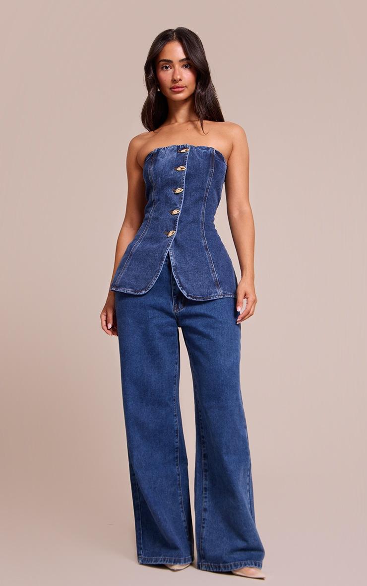 Pretty Little Thing Petite Washed Blue Trim Detail Button Up Denim Bandeau Top