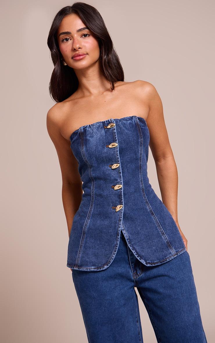 Pretty Little Thing Petite Washed Blue Trim Detail Button Up Denim Bandeau Top