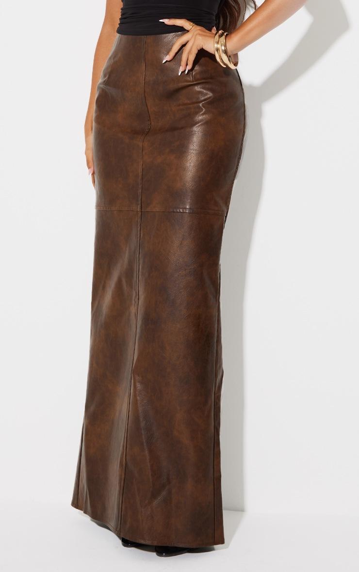 Pretty Little Thing Petite Washed Brown Faux Leather Seam Detail Maxi Skirt