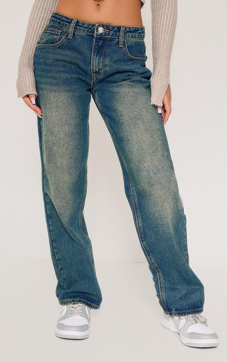 Pretty Little Thing Petite Washed Green Rigid Low Rise Wide Leg Denim Jeans