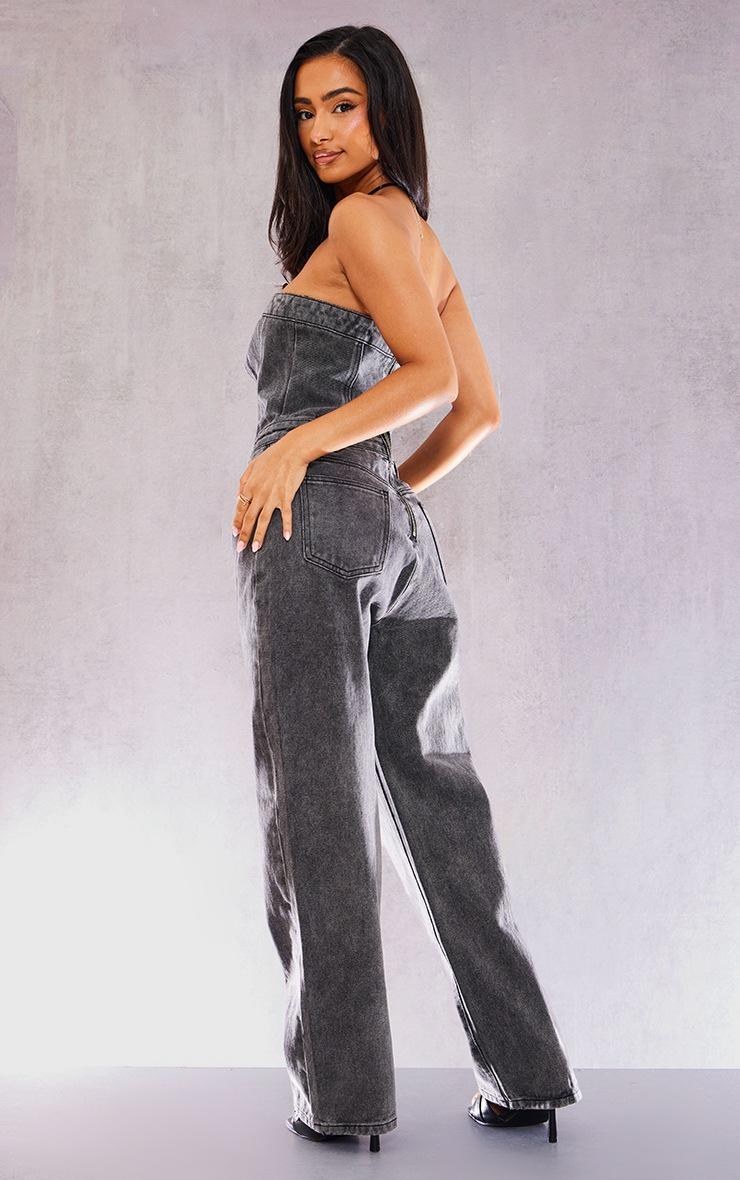 Pretty Little Thing Petite Washed Grey Bandeau Denim Jumpsuit