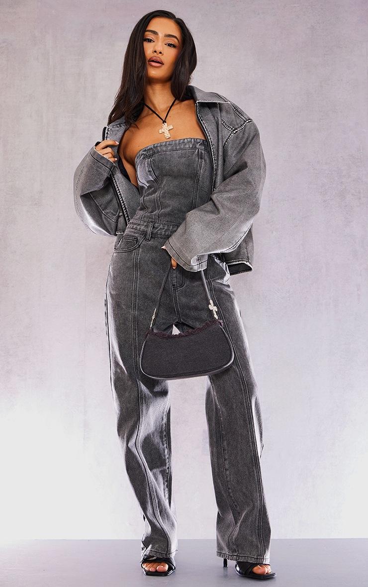 Pretty Little Thing Petite Washed Grey Bandeau Denim Jumpsuit