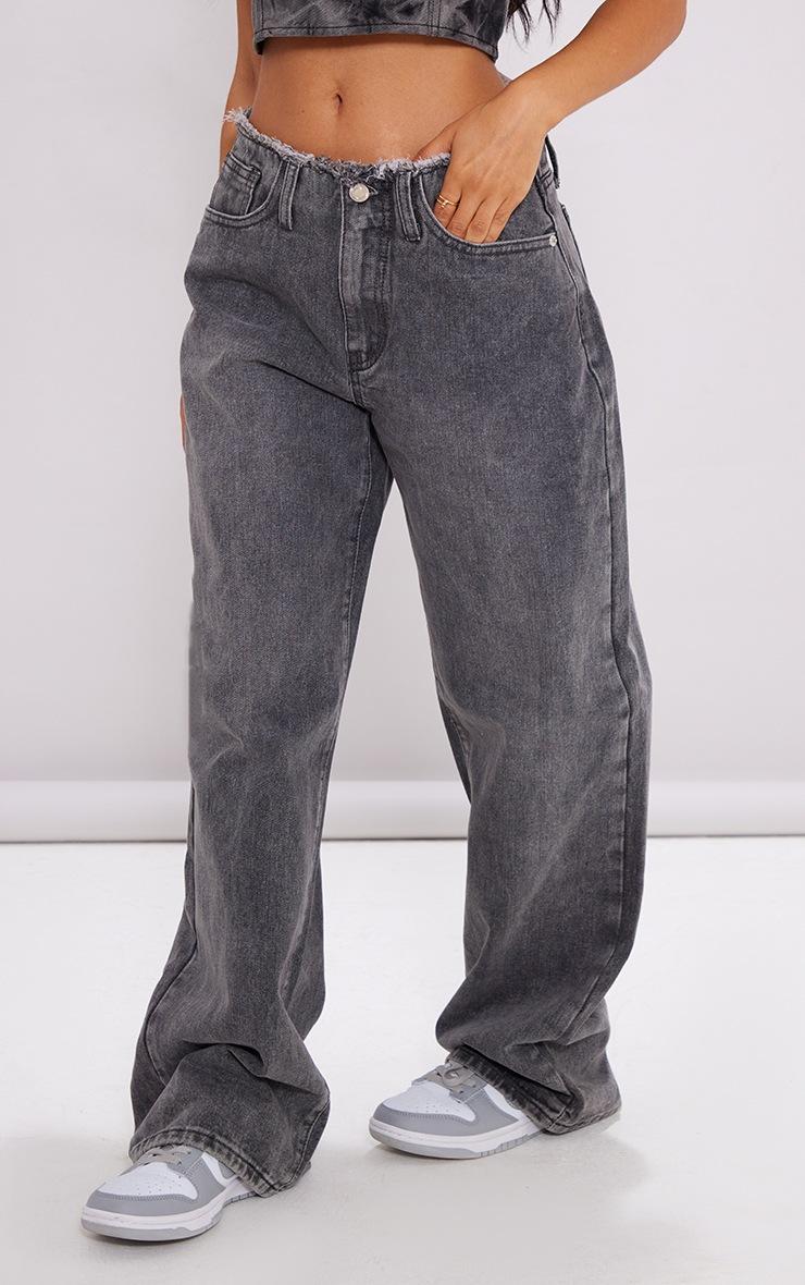 Pretty Little Thing Petite Washed Grey Fray Waist Low Rise Straight Leg Jeans