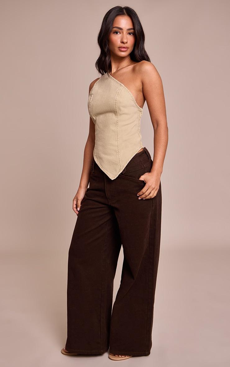 Pretty Little Thing Petite Washed Khaki Denim Asymmetric Top